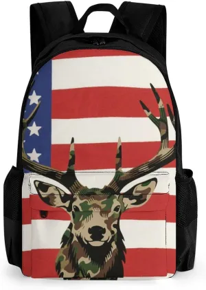 Men Women Polyester American Flag Camo Deer Camouflage Art Daypack Big Capacity Shoulder Bag With Smooth Zippers for Hiking Work Walking Cycling