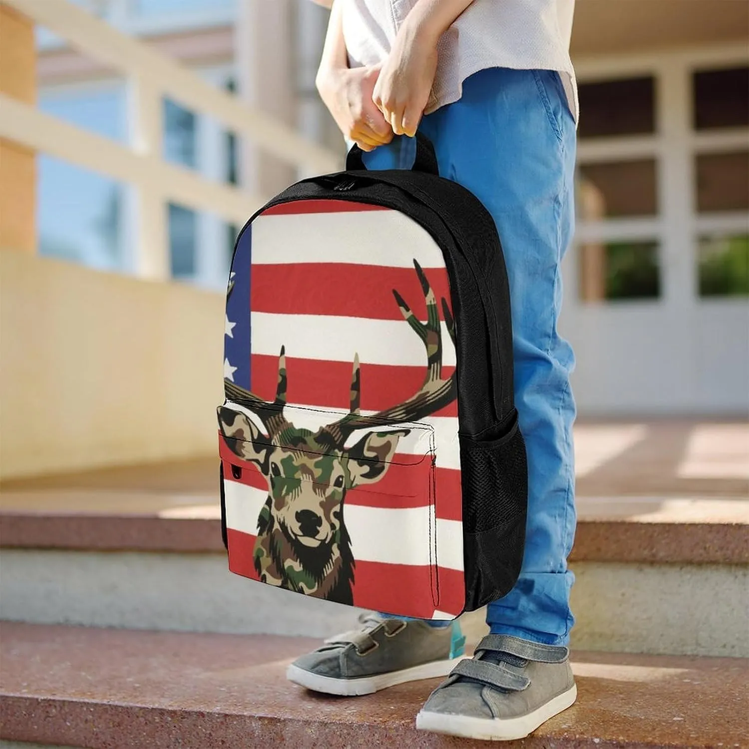 Men Women Polyester American Flag Camo Deer Camouflage Art Daypack Big Capacity Shoulder Bag With Smooth Zippers for Hiking Work Walking Cycling