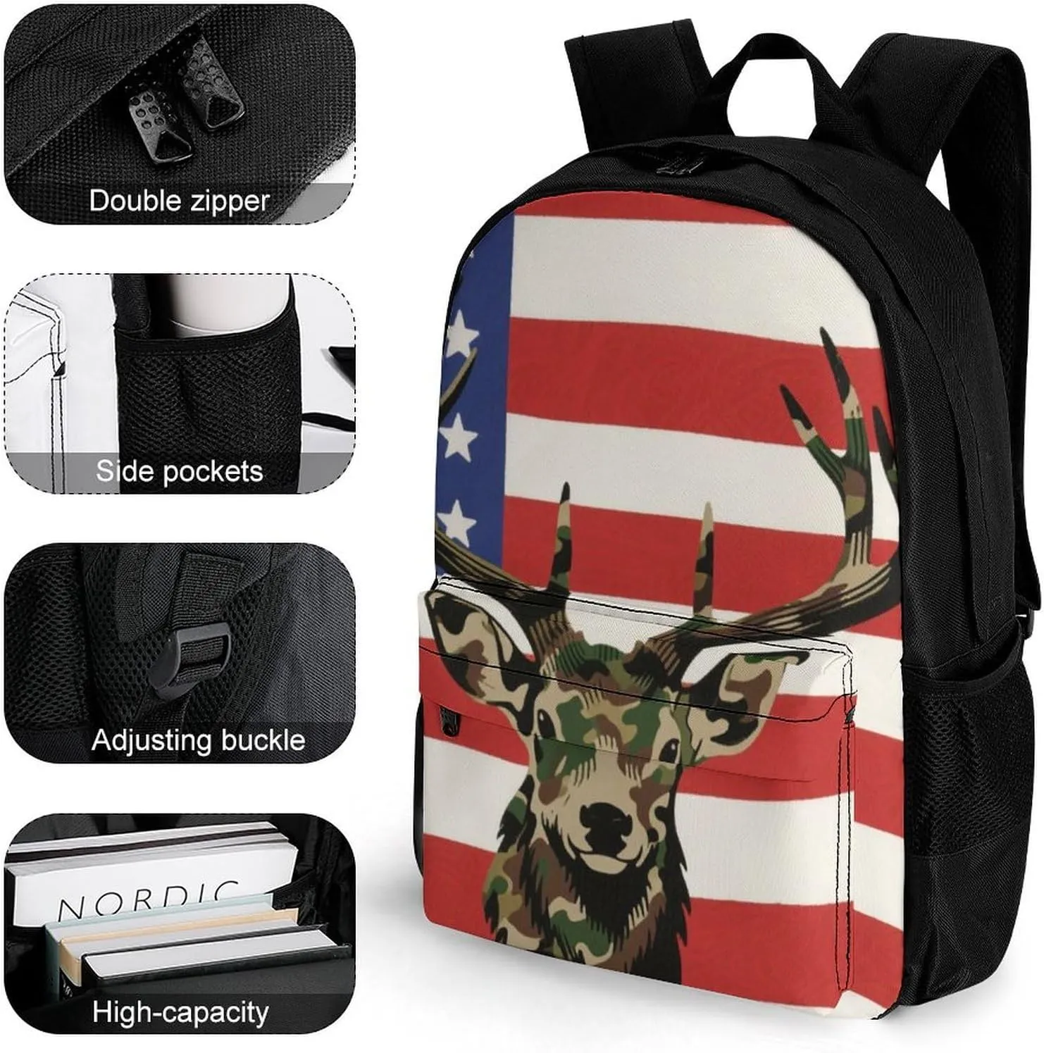 Men Women Polyester American Flag Camo Deer Camouflage Art Daypack Big Capacity Shoulder Bag With Smooth Zippers for Hiking Work Walking Cycling