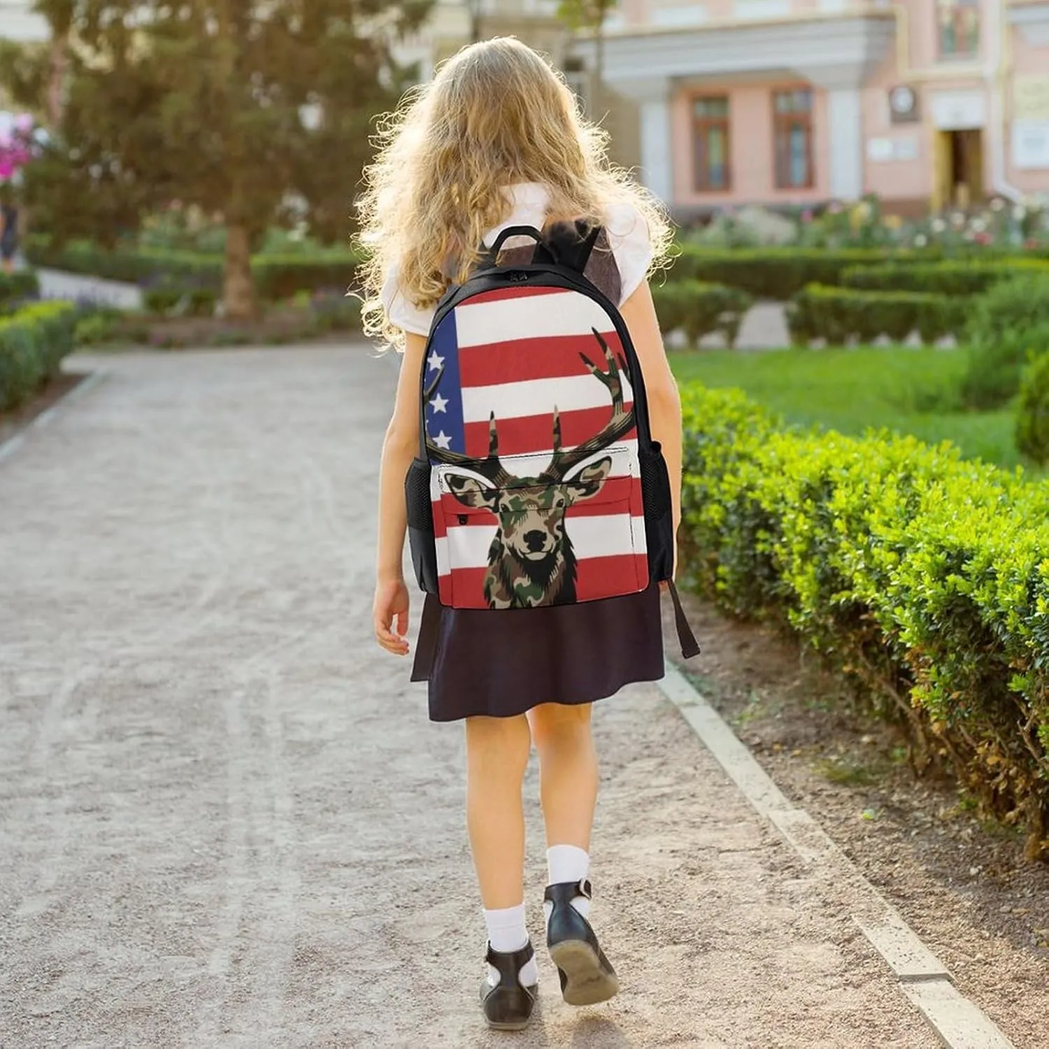 Men Women Polyester American Flag Camo Deer Camouflage Art Daypack Big Capacity Shoulder Bag With Smooth Zippers for Hiking Work Walking Cycling