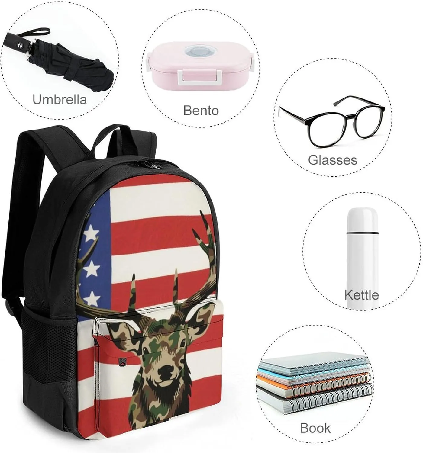 Men Women Polyester American Flag Camo Deer Camouflage Art Daypack Big Capacity Shoulder Bag With Smooth Zippers for Hiking Work Walking Cycling