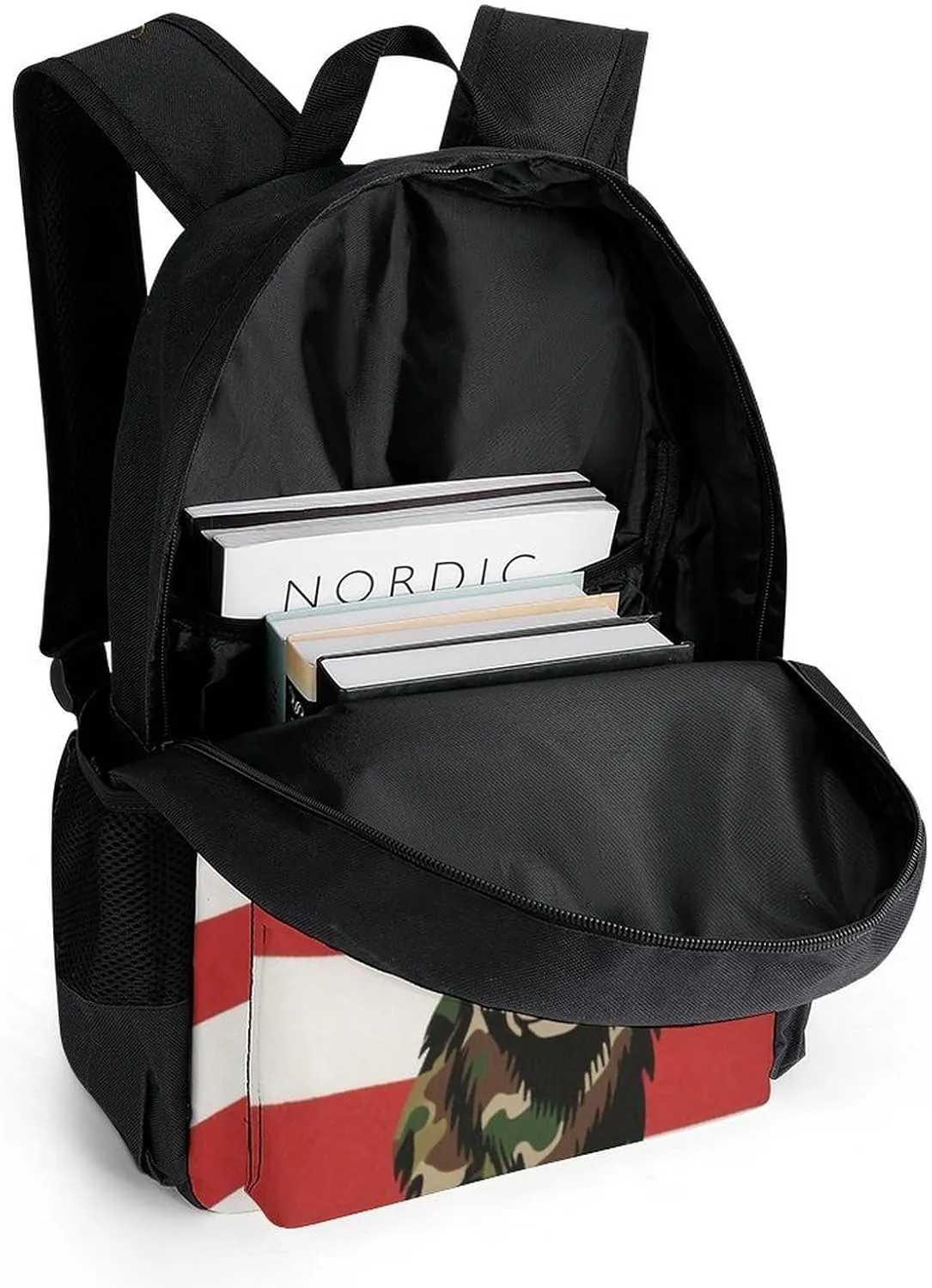 Men Women Polyester American Flag Camo Deer Camouflage Art Daypack Big Capacity Shoulder Bag With Smooth Zippers for Hiking Work Walking Cycling
