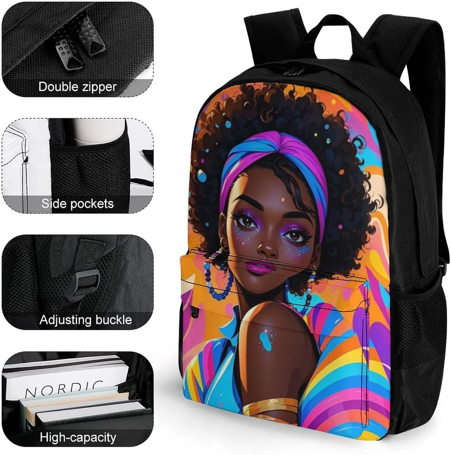 Men Women Polyester Chic Cartoon Black Woman African American Woman Art Daypack Backpack Large Capacity Carry On Bag With Smooth Zippers for Hiking Picnic Walking Cycling
