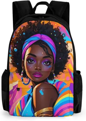 Men Women Polyester Chic Cartoon Black Woman African American Woman Art Daypack Backpack Large Capacity Carry On Bag With Smooth Zippers for Hiking Picnic Walking Cycling
