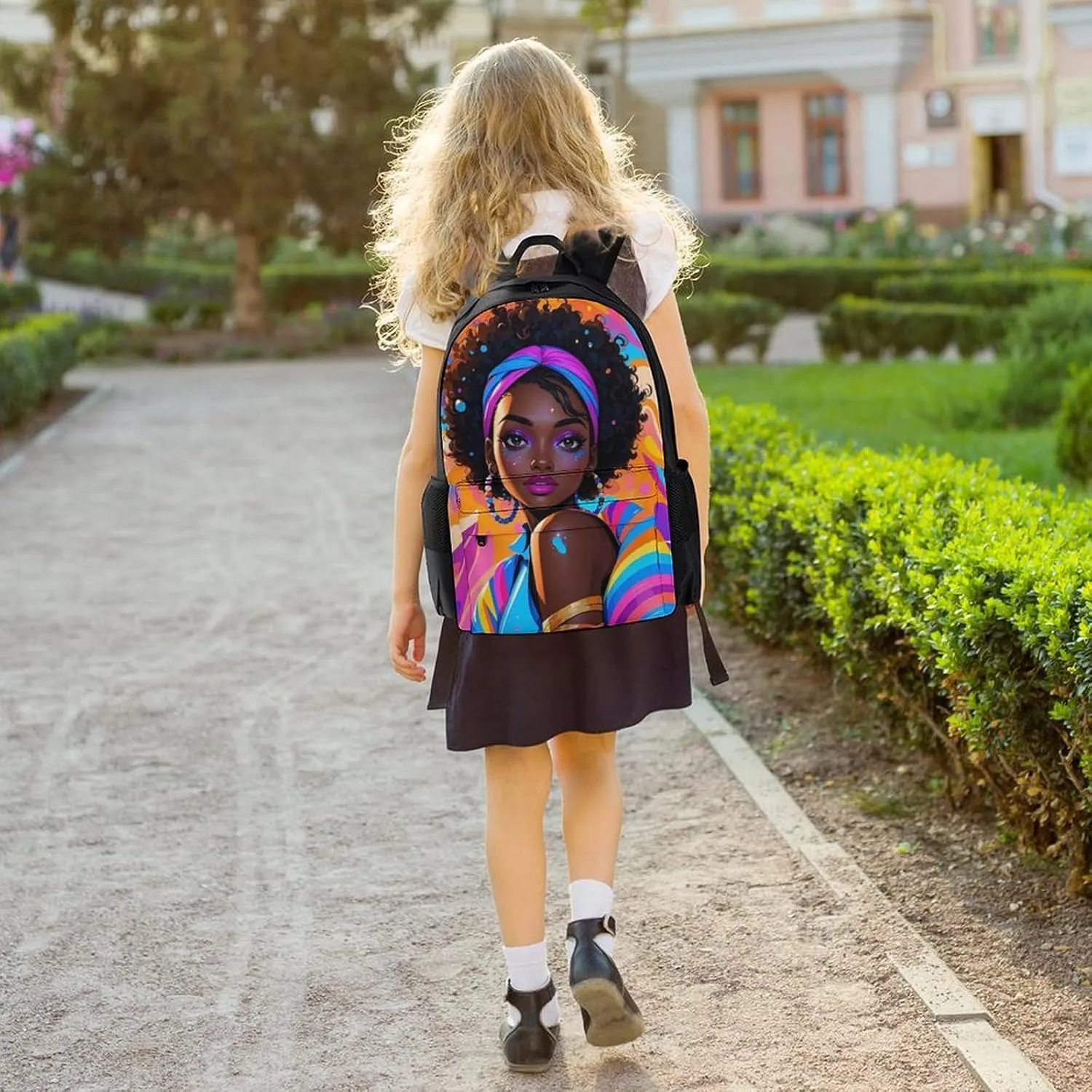 Men Women Polyester Chic Cartoon Black Woman African American Woman Art Daypack Backpack Large Capacity Carry On Bag With Smooth Zippers for Hiking Picnic Walking Cycling