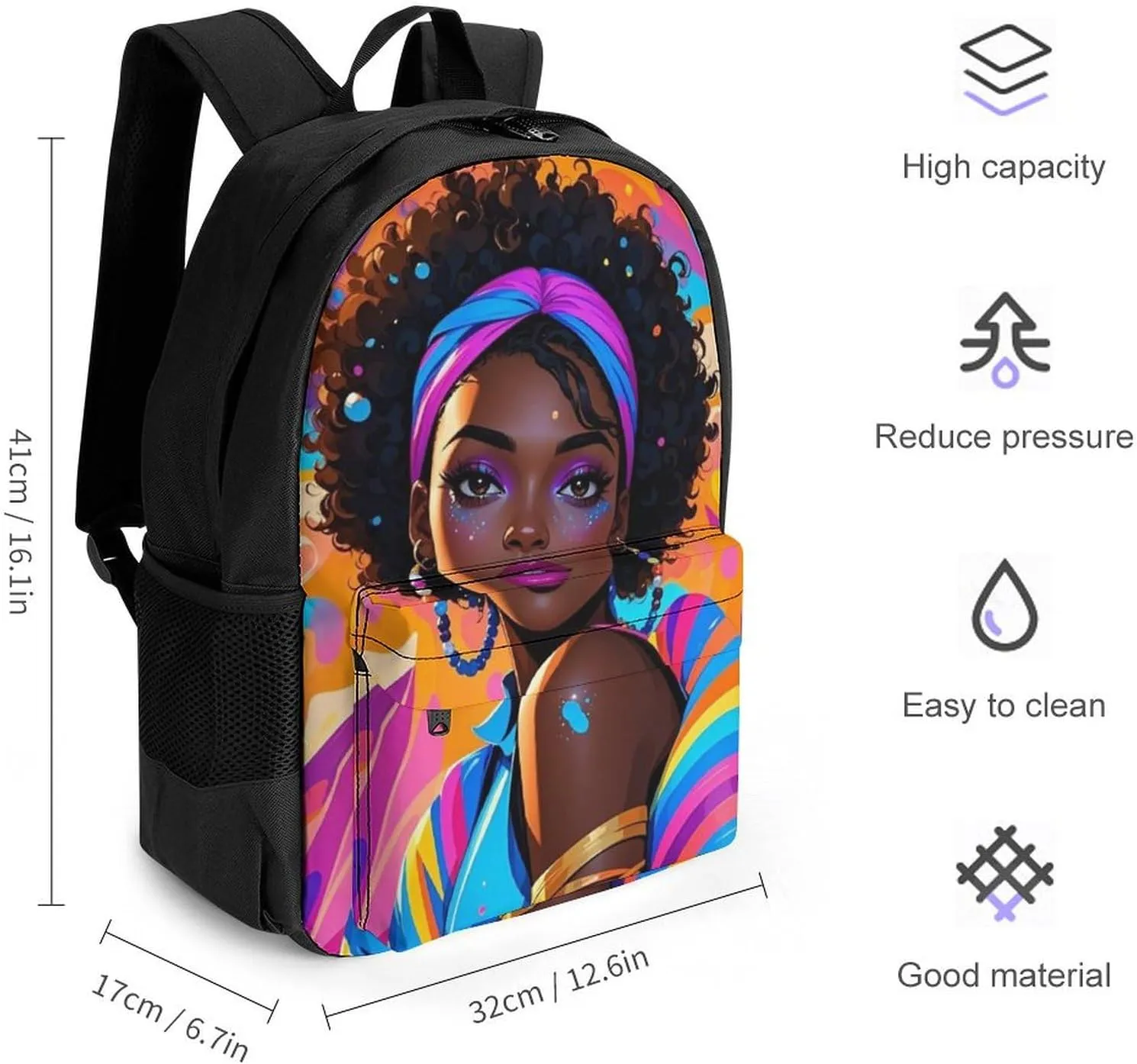 Men Women Polyester Chic Cartoon Black Woman African American Woman Art Daypack Backpack Large Capacity Carry On Bag With Smooth Zippers for Hiking Picnic Walking Cycling