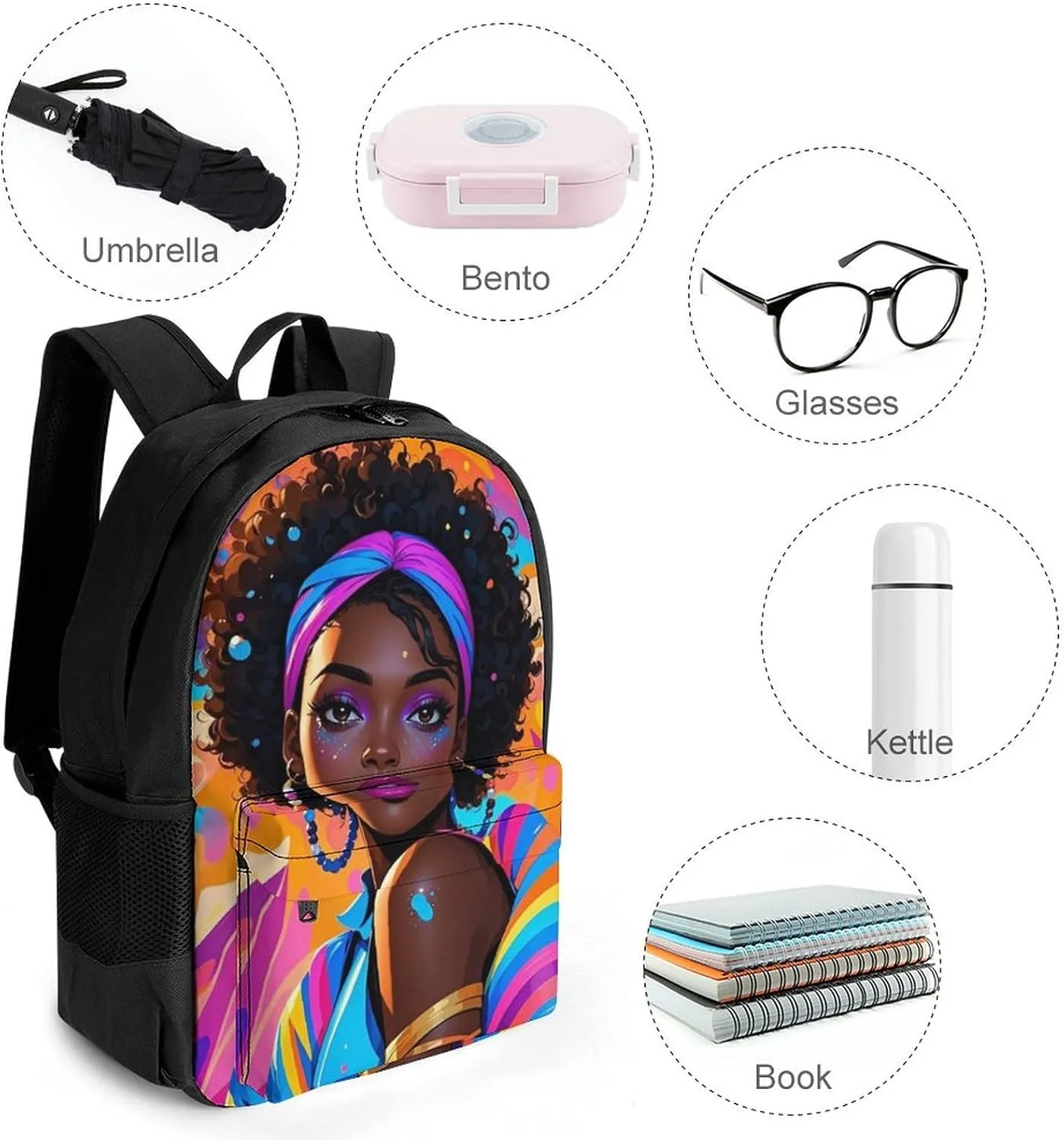Men Women Polyester Chic Cartoon Black Woman African American Woman Art Daypack Backpack Large Capacity Carry On Bag With Smooth Zippers for Hiking Picnic Walking Cycling