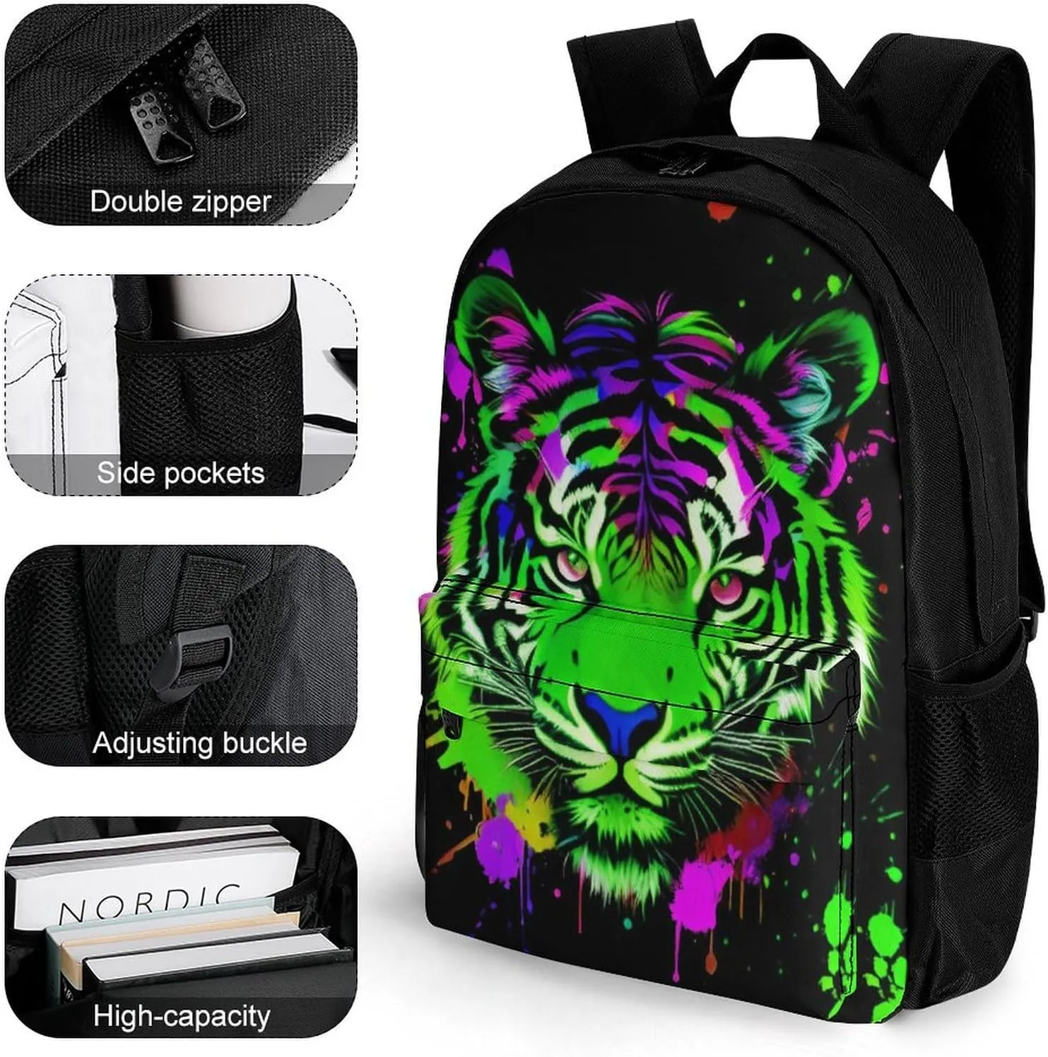 Men Women Polyester Colorful Splatter Wild Animal Tiger Abstract Art Casual Daypack Large Capacity Carry On Bag With Adjustable Shoulder Straps for Camping Work Running
