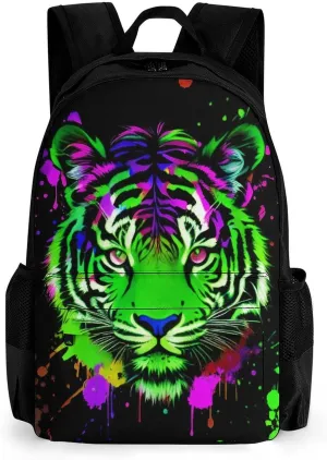Men Women Polyester Colorful Splatter Wild Animal Tiger Abstract Art Casual Daypack Large Capacity Carry On Bag With Adjustable Shoulder Straps for Camping Work Running