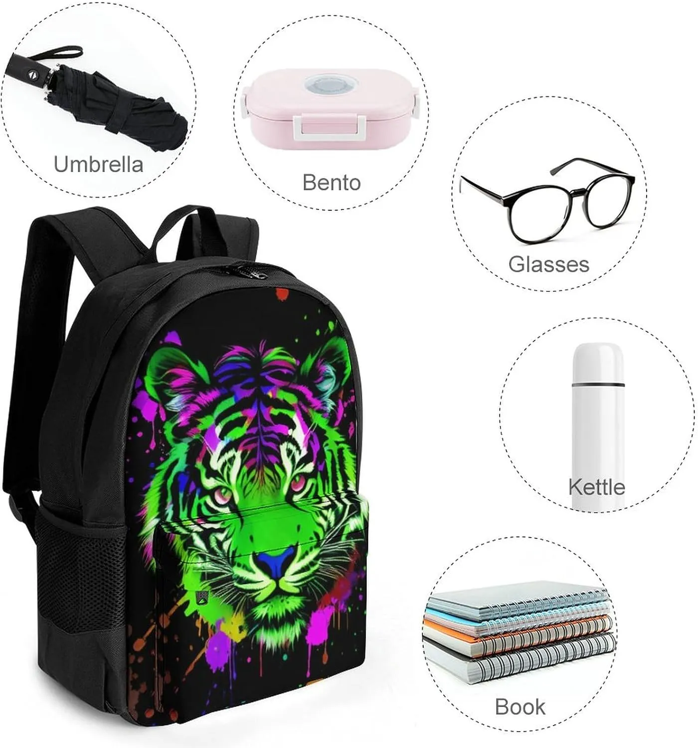Men Women Polyester Colorful Splatter Wild Animal Tiger Abstract Art Casual Daypack Large Capacity Carry On Bag With Adjustable Shoulder Straps for Camping Work Running
