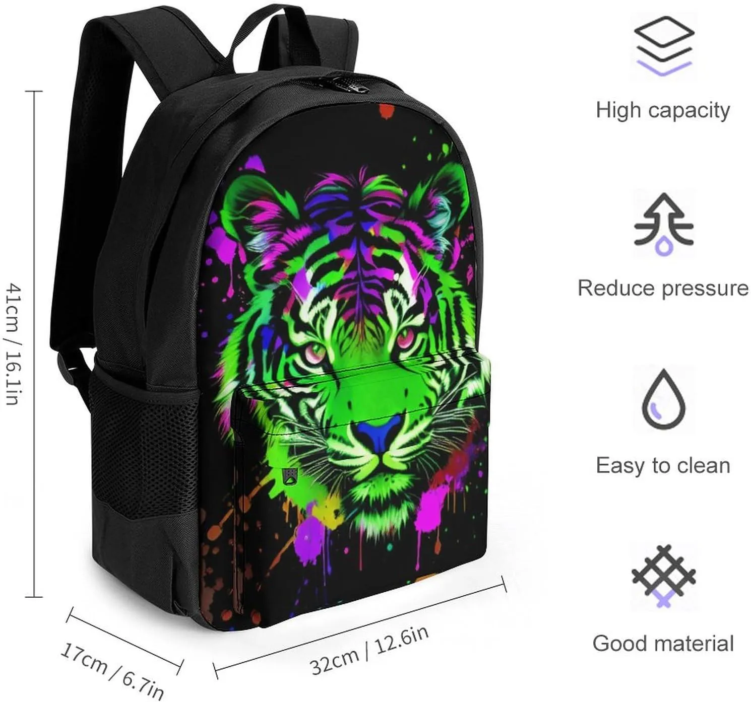 Men Women Polyester Colorful Splatter Wild Animal Tiger Abstract Art Casual Daypack Large Capacity Carry On Bag With Adjustable Shoulder Straps for Camping Work Running