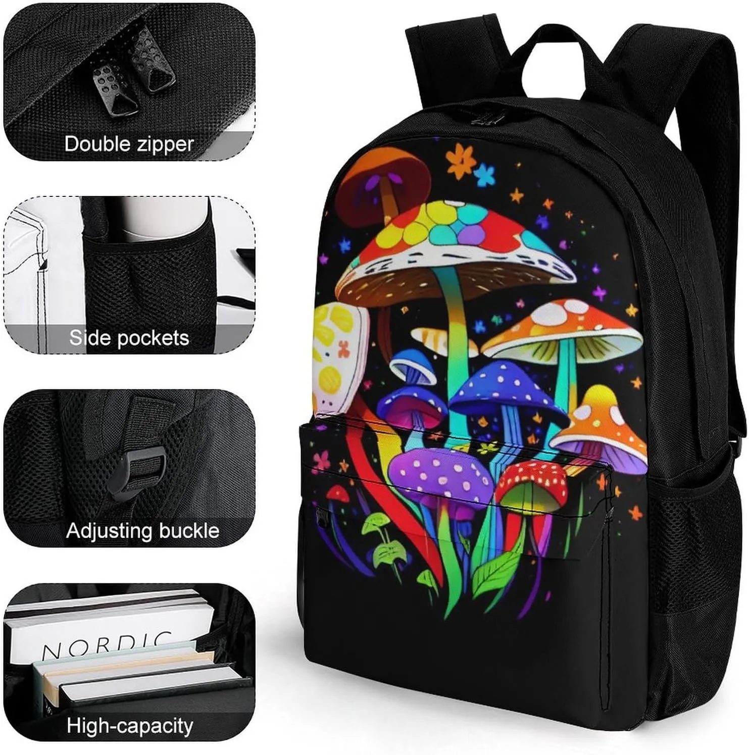 Men Women Polyester Hippie Magic Mushroom Flowers Art Daypack Big Capacity Shoulder Bag With Adjustable Shoulder Straps for Camping Travel Walking Cycling