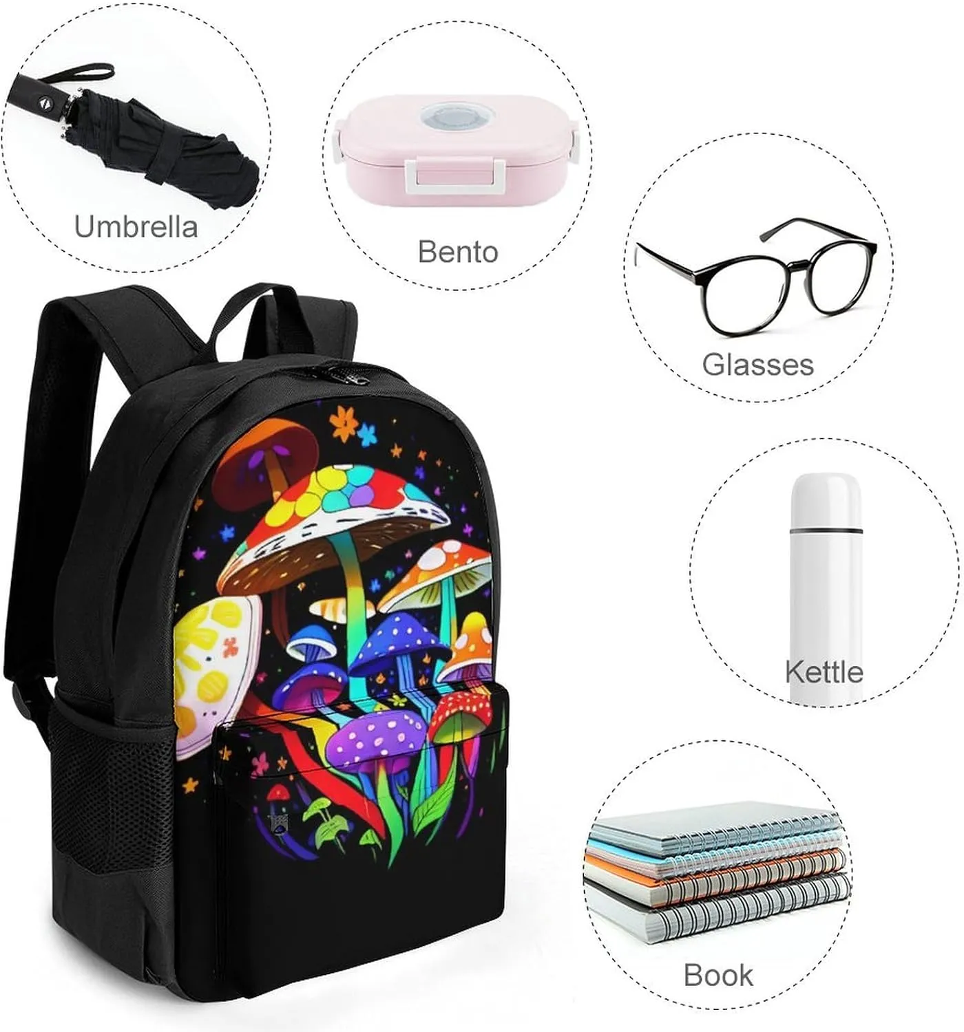 Men Women Polyester Hippie Magic Mushroom Flowers Art Daypack Big Capacity Shoulder Bag With Adjustable Shoulder Straps for Camping Travel Walking Cycling