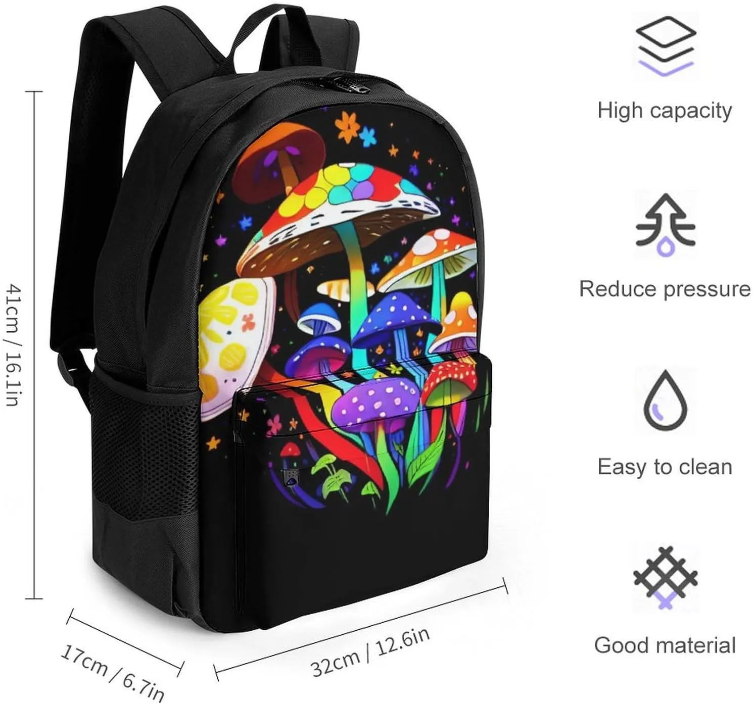 Men Women Polyester Hippie Magic Mushroom Flowers Art Daypack Big Capacity Shoulder Bag With Adjustable Shoulder Straps for Camping Travel Walking Cycling