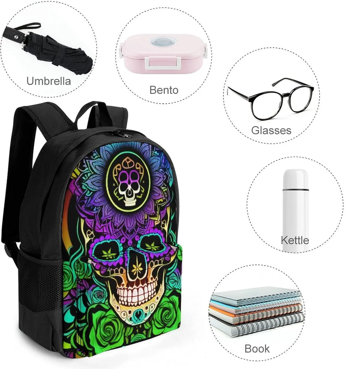 Men Women Polyester Psychedelic Skull Art Daypack Backpack Large Capacity Carry On Bag With Smooth Zippers for Hiking Picnic Walking Cycling