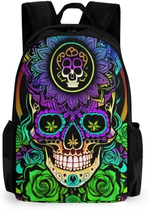 Men Women Polyester Psychedelic Skull Art Daypack Backpack Large Capacity Carry On Bag With Smooth Zippers for Hiking Picnic Walking Cycling
