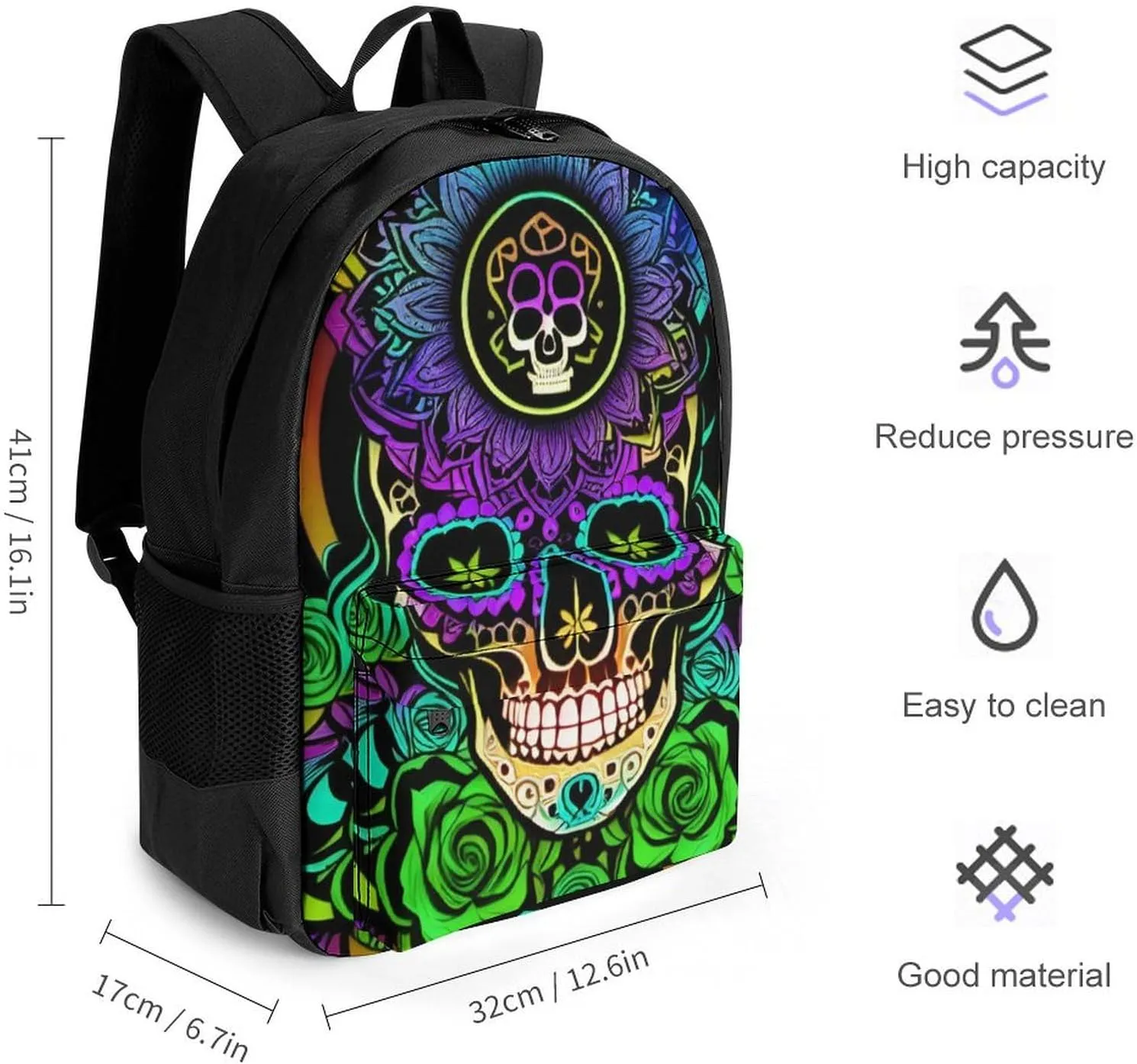 Men Women Polyester Psychedelic Skull Art Daypack Backpack Large Capacity Carry On Bag With Smooth Zippers for Hiking Picnic Walking Cycling