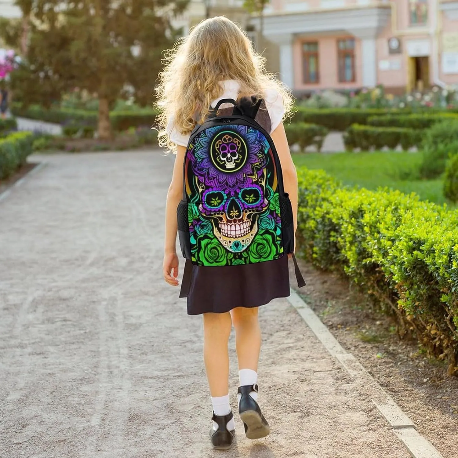 Men Women Polyester Psychedelic Skull Art Daypack Backpack Large Capacity Carry On Bag With Smooth Zippers for Hiking Picnic Walking Cycling