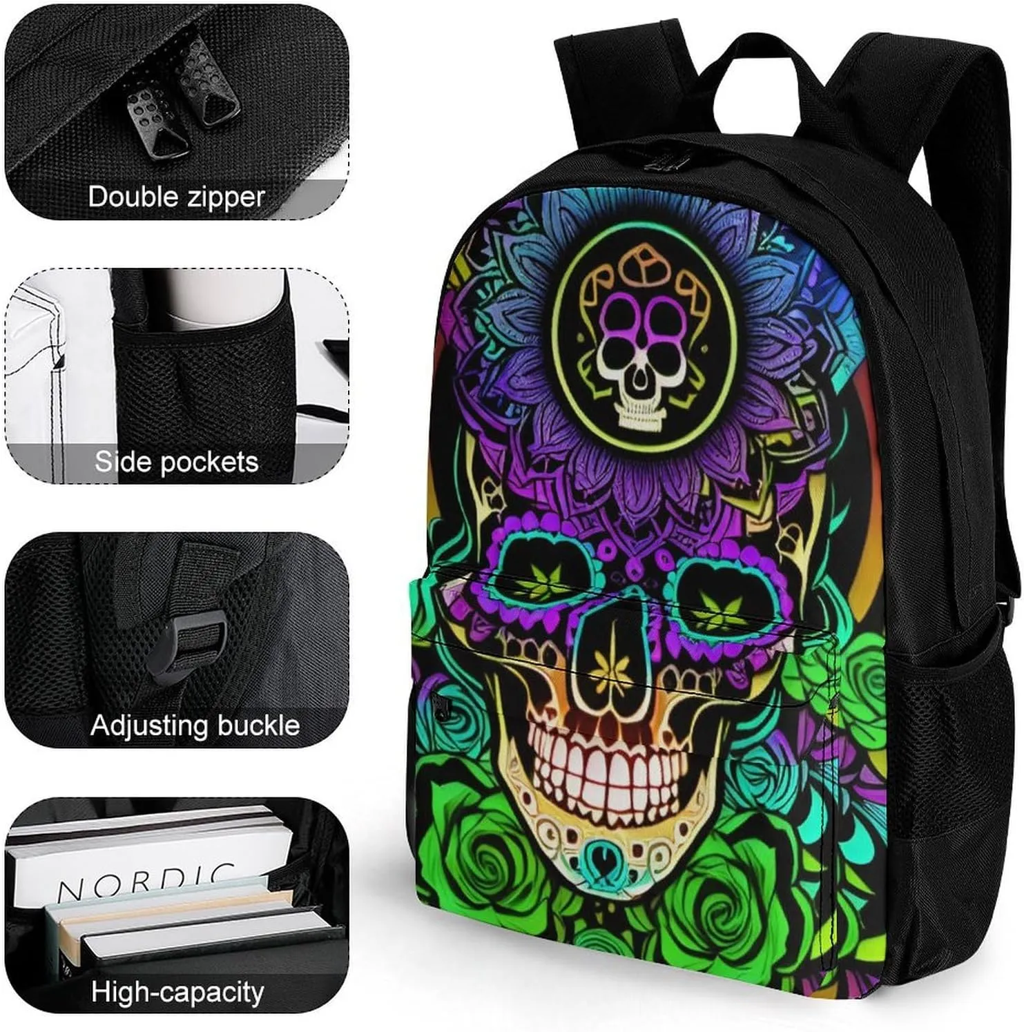 Men Women Polyester Psychedelic Skull Art Daypack Backpack Large Capacity Carry On Bag With Smooth Zippers for Hiking Picnic Walking Cycling