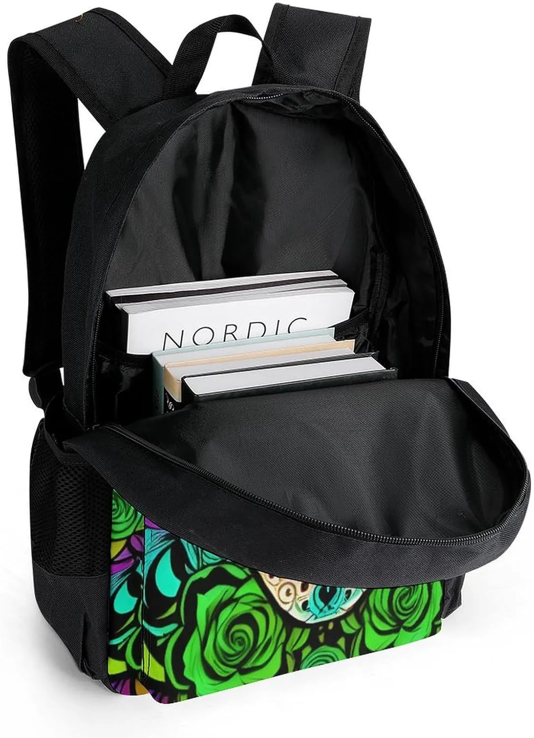 Men Women Polyester Psychedelic Skull Art Daypack Backpack Large Capacity Carry On Bag With Smooth Zippers for Hiking Picnic Walking Cycling