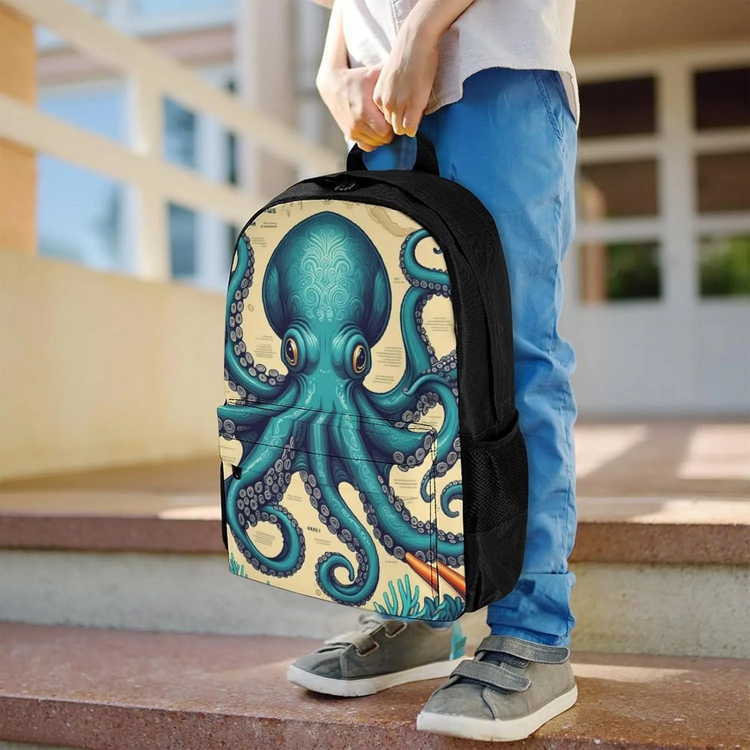 Men Women Polyester Retro Octopus Art Daypack Backpack Large Capacity Carry On Bag With Smooth Zippers for Hiking Picnic Walking Cycling