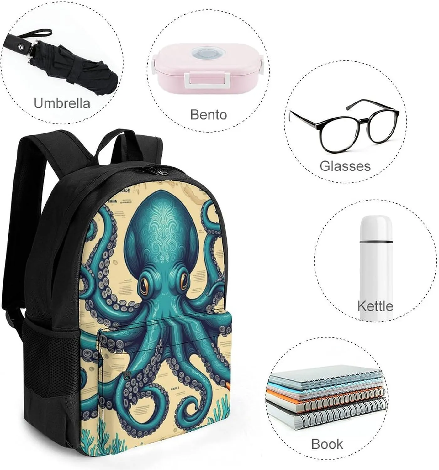 Men Women Polyester Retro Octopus Art Daypack Backpack Large Capacity Carry On Bag With Smooth Zippers for Hiking Picnic Walking Cycling