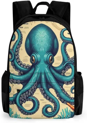 Men Women Polyester Retro Octopus Art Daypack Backpack Large Capacity Carry On Bag With Smooth Zippers for Hiking Picnic Walking Cycling