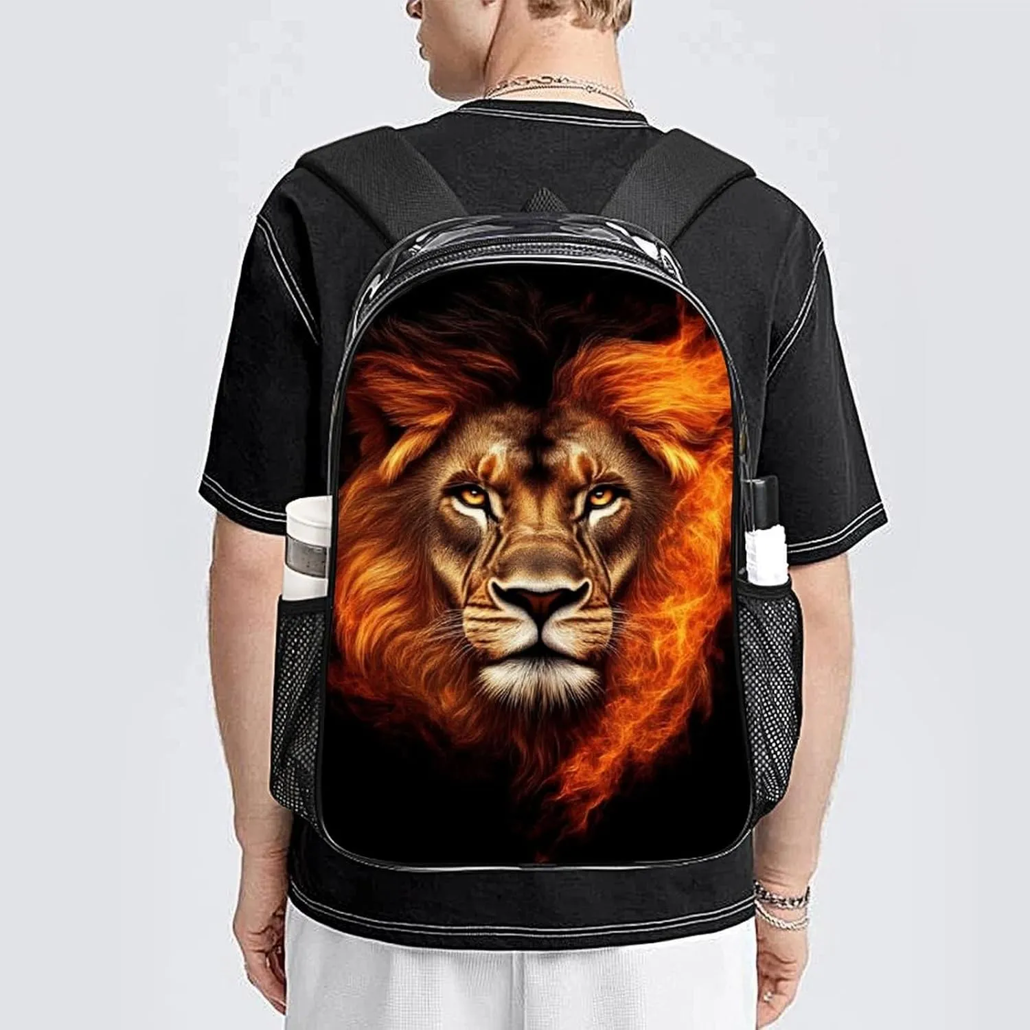 Men Women Transparent Cool Flaming Lion Fire Art Daypack Big Capacity Shoulder Bag With Smooth Zippers for Hiking Work Walking Cycling