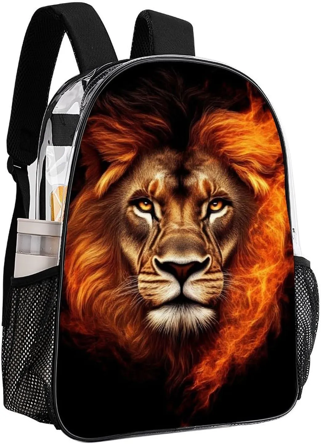 Men Women Transparent Cool Flaming Lion Fire Art Daypack Big Capacity Shoulder Bag With Smooth Zippers for Hiking Work Walking Cycling