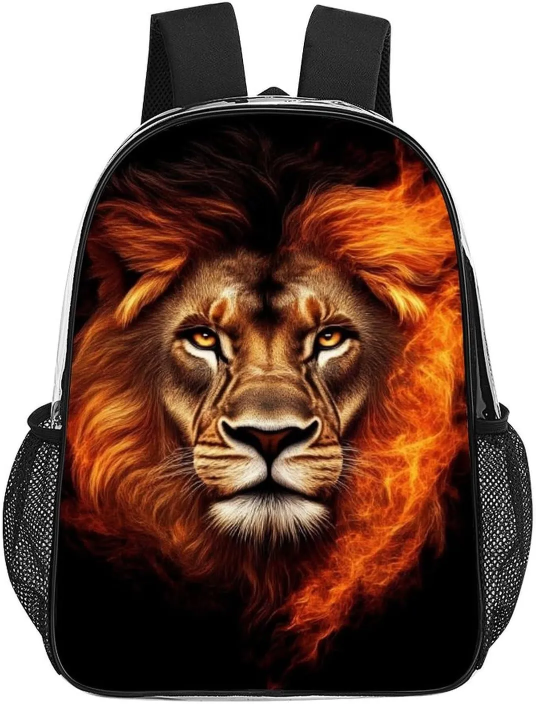 Men Women Transparent Cool Flaming Lion Fire Art Daypack Big Capacity Shoulder Bag With Smooth Zippers for Hiking Work Walking Cycling