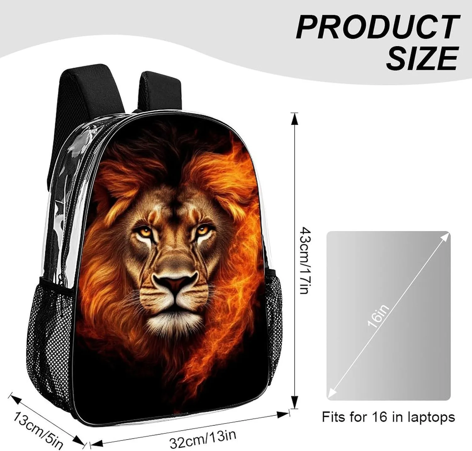 Men Women Transparent Cool Flaming Lion Fire Art Daypack Big Capacity Shoulder Bag With Smooth Zippers for Hiking Work Walking Cycling