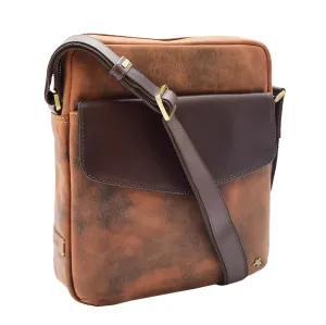 Men's Hunter Leather Casual Style Cross Body Bag Multi Pockets Tan DR388