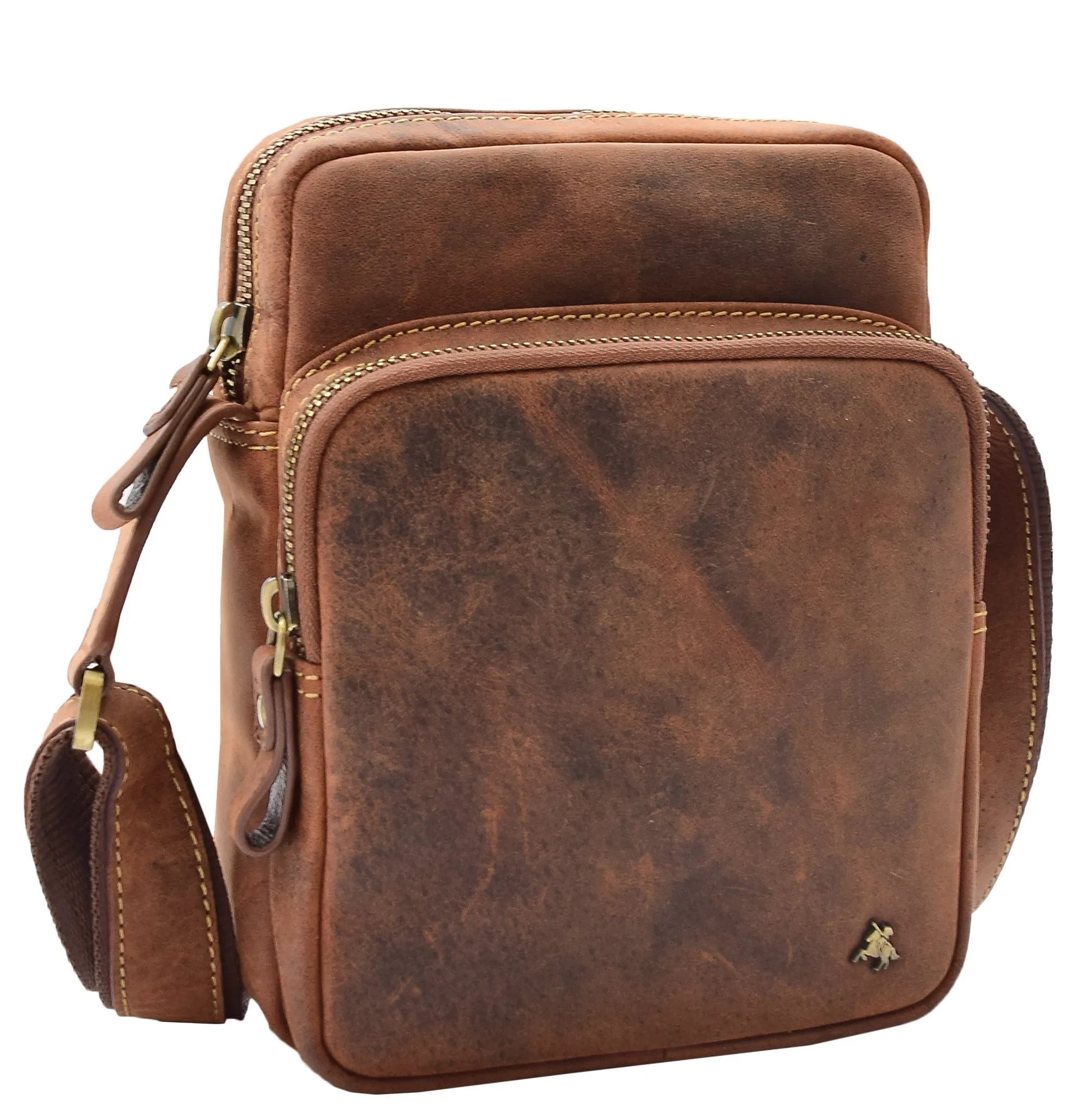 Men's Smart Cross Body Bag Genuine Leather Multi Pockets Tan DR387
