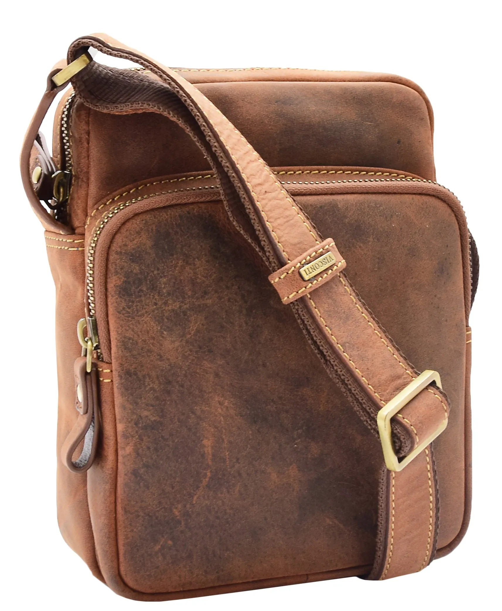 Men's Smart Cross Body Bag Genuine Leather Multi Pockets Tan DR387