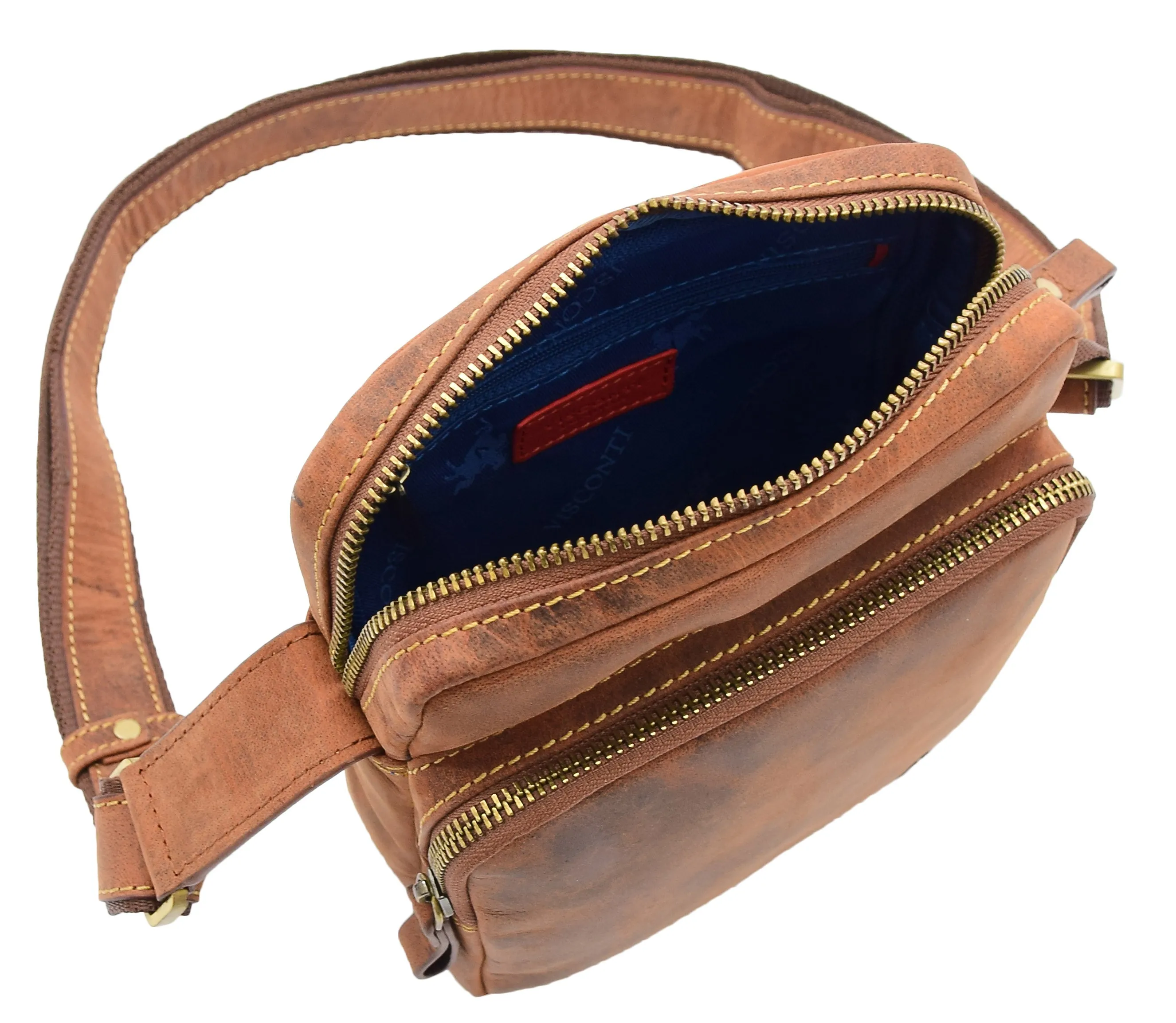 Men's Smart Cross Body Bag Genuine Leather Multi Pockets Tan DR387