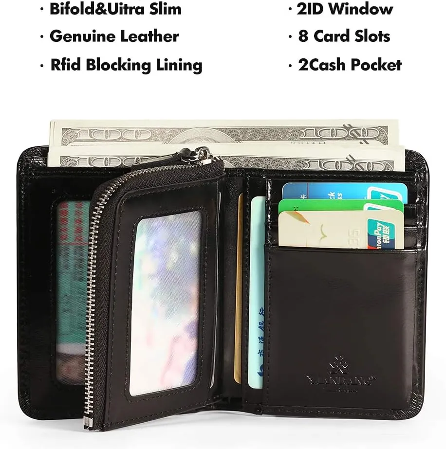 Mens Wallet Zipper Genuine Leather RFID Card Holders Cowhide Zip Coin Pocket Bifold wallets for men