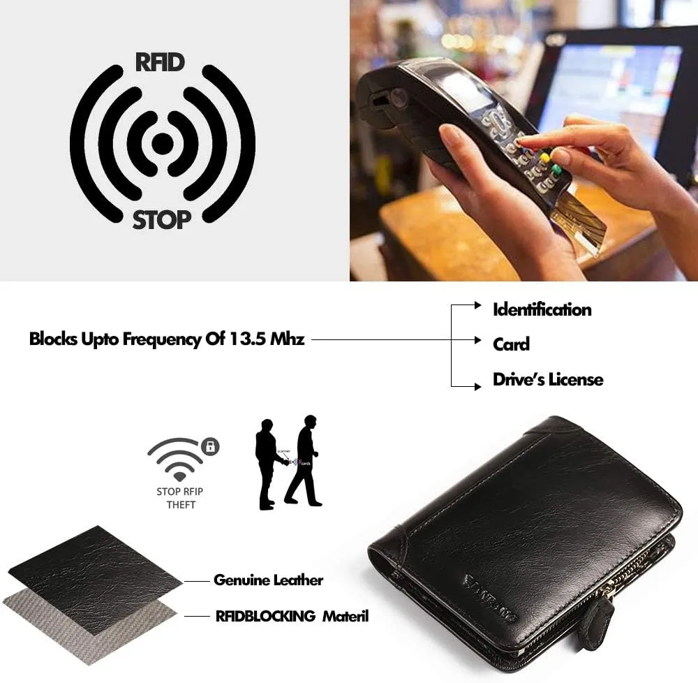 Mens Wallet Zipper Genuine Leather RFID Card Holders Cowhide Zip Coin Pocket Bifold wallets for men