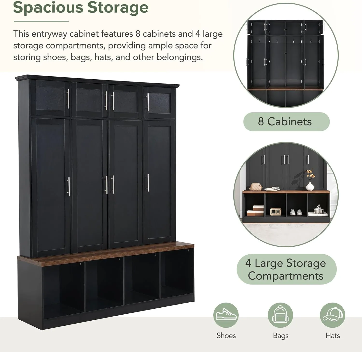 Merax Hall Tree with Bench and Shoe Storage Compartments, Multi-Functional Entryway Cabinet with 4 Hanging Hooks