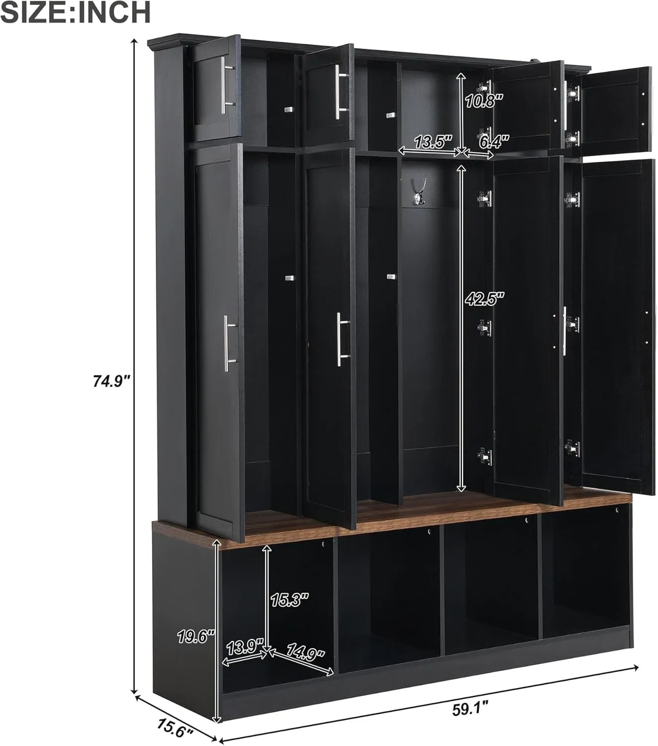 Merax Hall Tree with Bench and Shoe Storage Compartments, Multi-Functional Entryway Cabinet with 4 Hanging Hooks