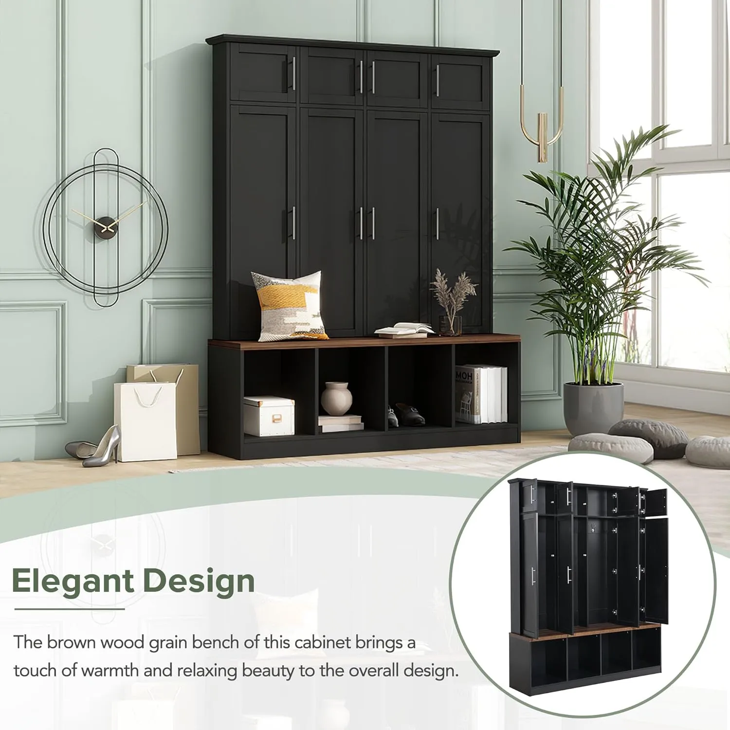 Merax Hall Tree with Bench and Shoe Storage Compartments, Multi-Functional Entryway Cabinet with 4 Hanging Hooks