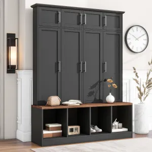 Merax Hall Tree with Bench and Shoe Storage Compartments, Multi-Functional Entryway Cabinet with 4 Hanging Hooks