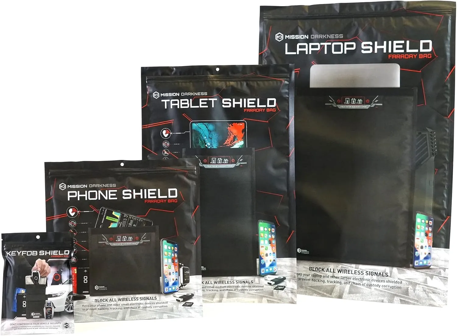 Mission Darkness Faraday Bag Bundle [Standard Collection] - Phone, Tablet, and Laptop Size Bags Included   Bonus Key fob Bag. RF Shielding, EMF Reduction, EMP Protection, Anti-Tracking & Hacking