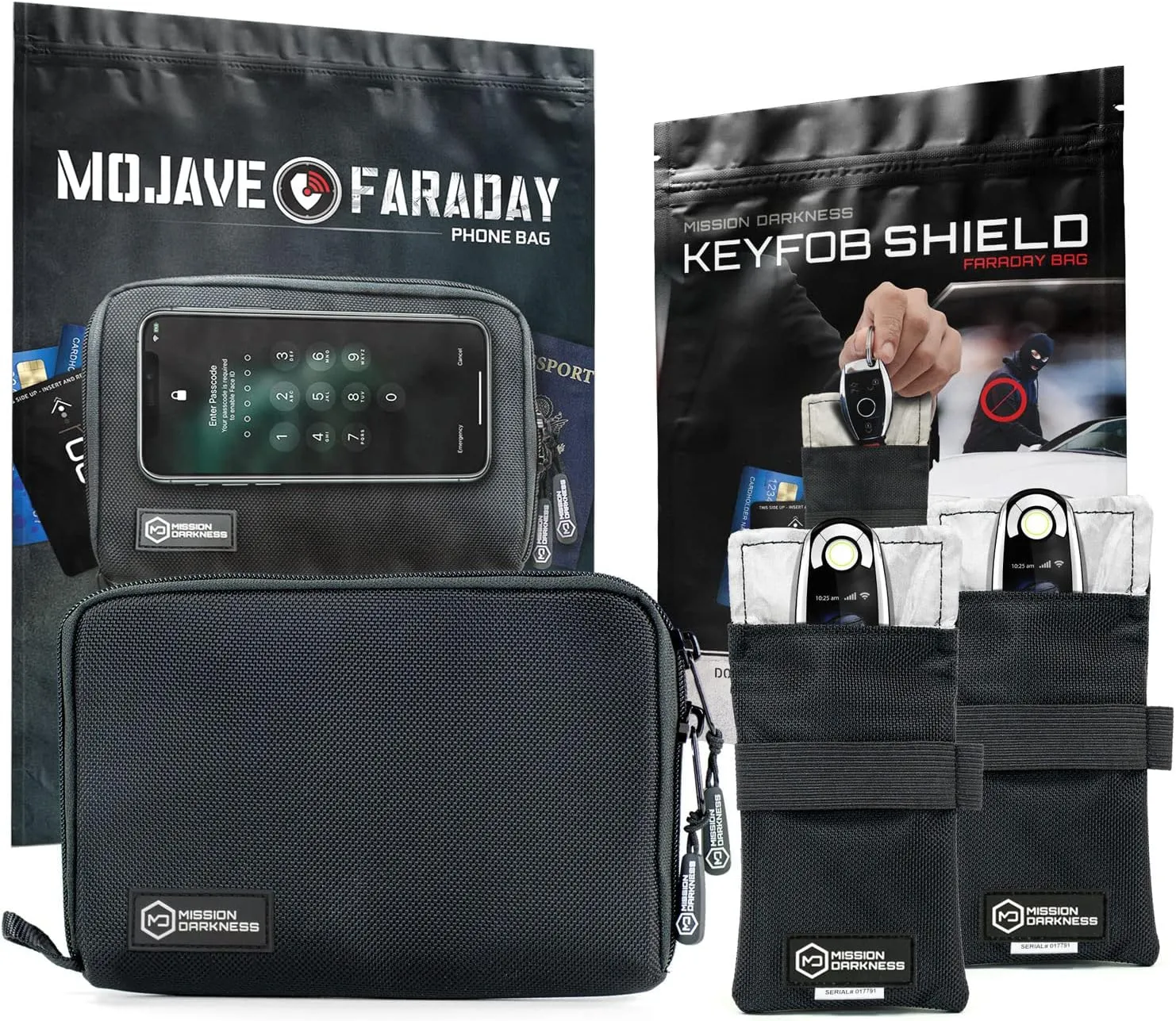 Mission Darkness Phone & Keyfob Faraday Bag Bundle - Collection Includes 1 Mojave Faraday Phone Bag   Keyfob Shield (2-Pack). RF Shielding, Anti-tracking & Hacking, EMF Reduction, EMP Protection.