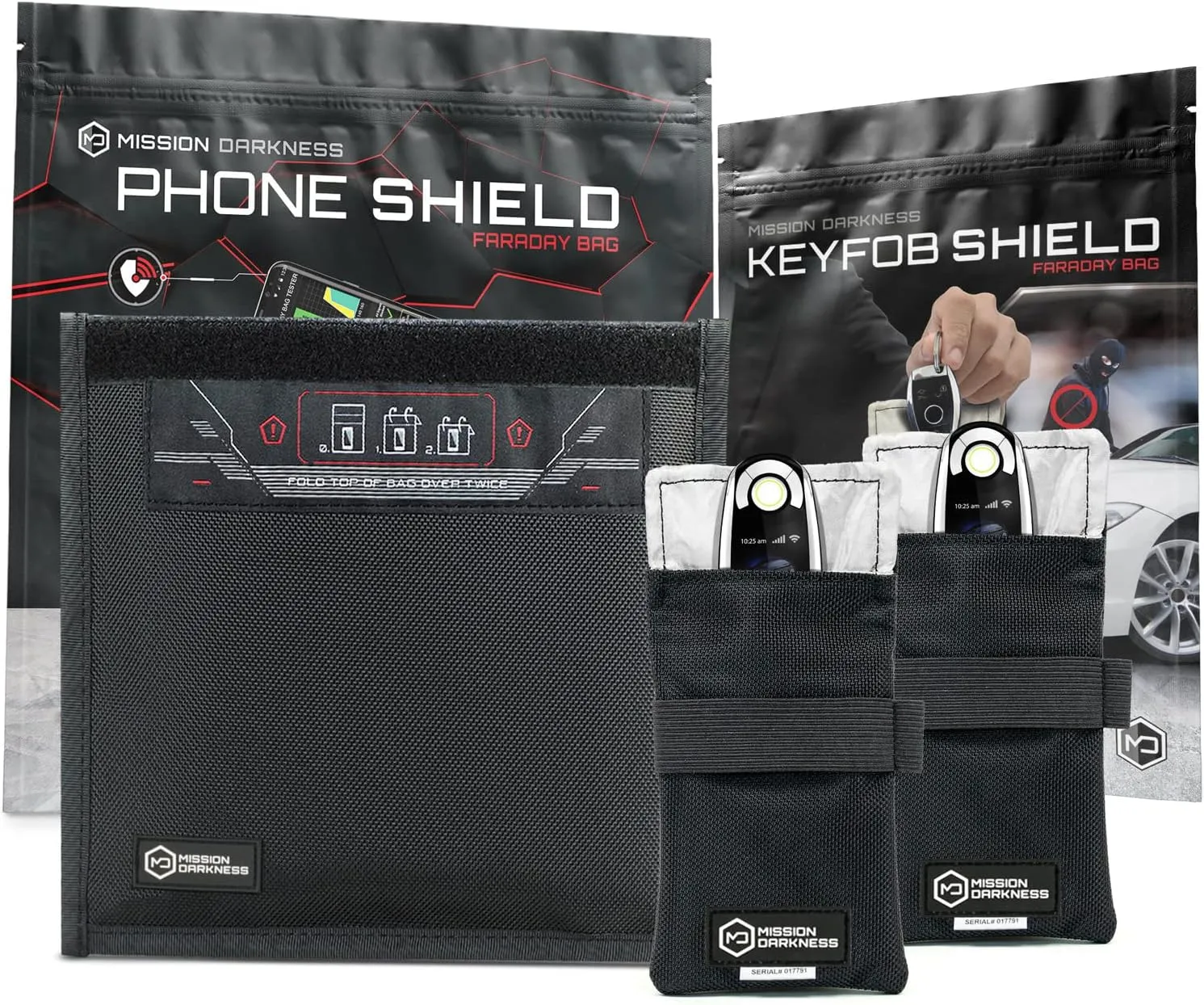Mission Darkness Phone & Keyfob Faraday Bag Bundle - Collection Includes 1 Phone Size Faraday Bag   1 Keyfob Shield (2-Pack). RF Shielding, Anti-Tracking & Hacking, EMF Reduction, EMP Protection.