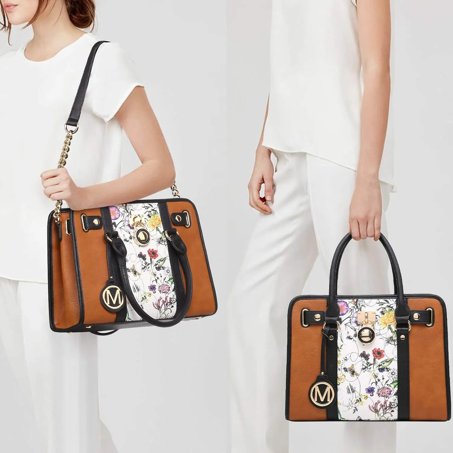 MKP Women Satchel Handbags Purses Two tone Top Handle Tote Shoulder Bags with Matching Wristlet Wallet Set 2pcs
