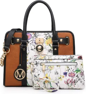 MKP Women Satchel Handbags Purses Two tone Top Handle Tote Shoulder Bags with Matching Wristlet Wallet Set 2pcs