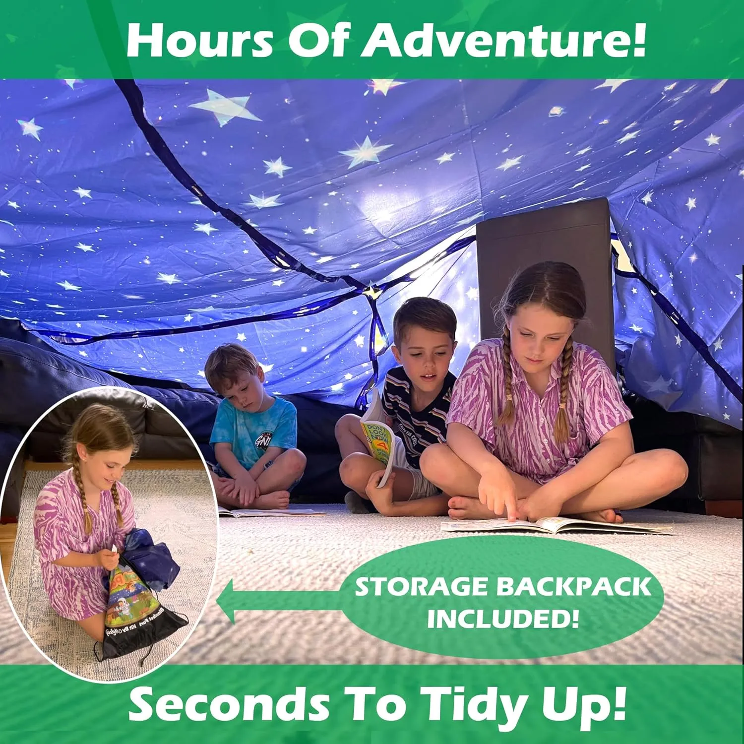 Molcey Blanket Fort Building Kit for Kids 4-8 8-12  - Make a Portable Playhouse, Play Tent. Build a Fort Making Kit/Builder Blankets - Ultimate Indoor/Outdoor Play for Girls/Boys Toys Age 3-12