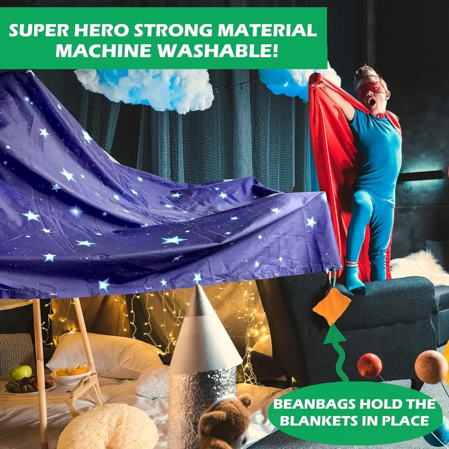 Molcey Blanket Fort Building Kit for Kids 4-8 8-12  - Make a Portable Playhouse, Play Tent. Build a Fort Making Kit/Builder Blankets - Ultimate Indoor/Outdoor Play for Girls/Boys Toys Age 3-12
