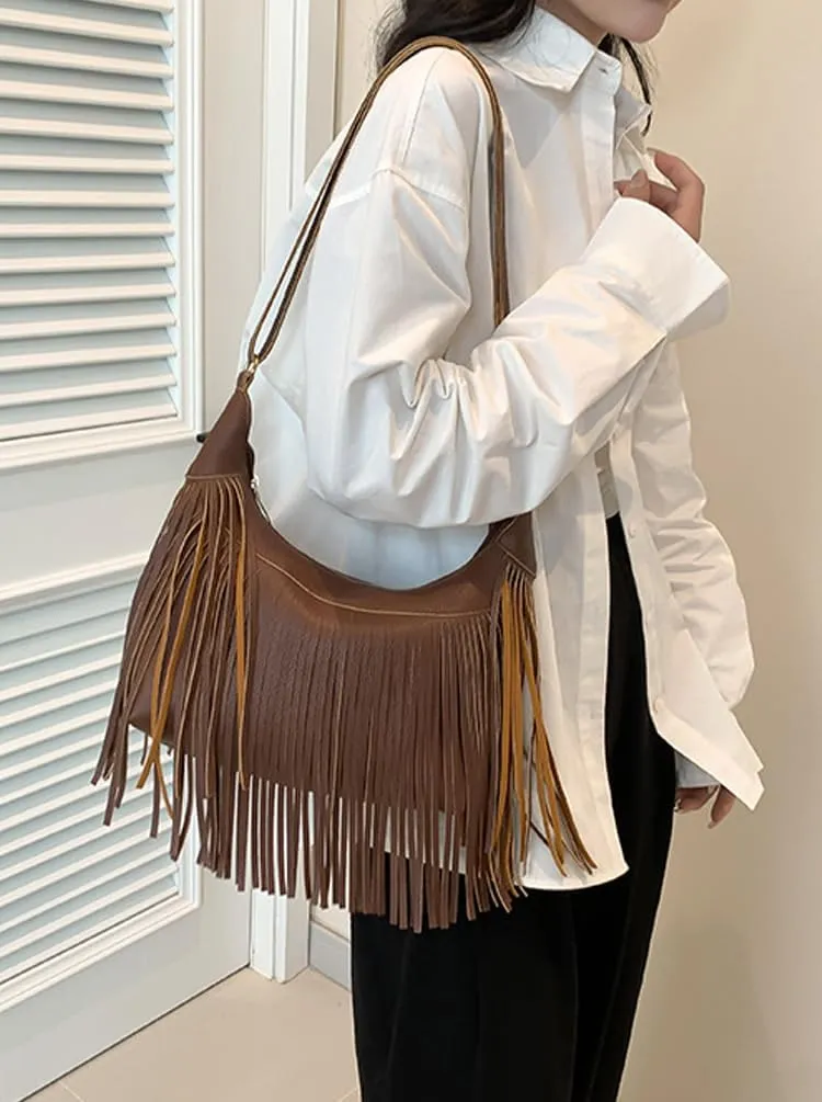 Molodo Shoulder Bags for Women Retro PU Leather Tassel Hobo Bag Purse Fashion Bohemian Crossbody Bag Handbag