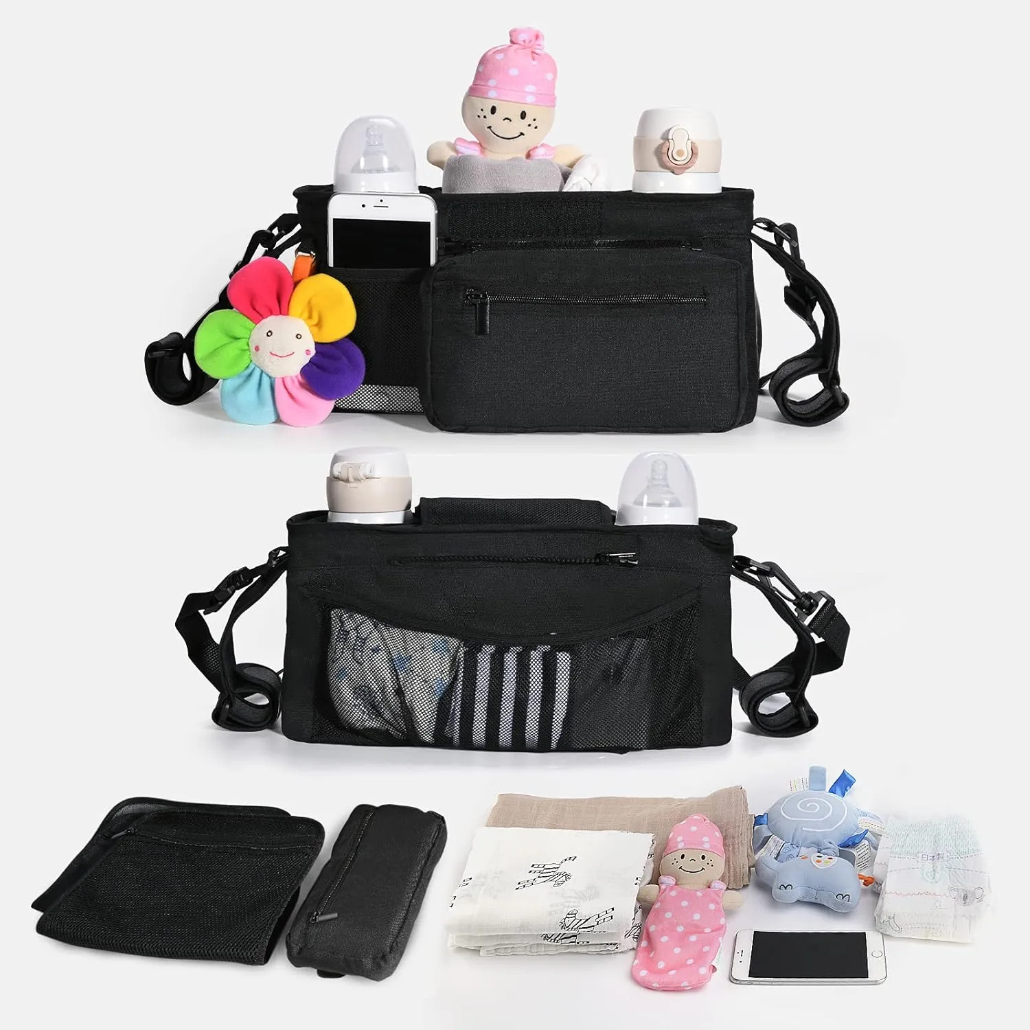 Momcozy Stroller Organizer, with 2 Non-Slip Stickers and 2 Large Capacity and Detachable Mesh Bags, Fits All Strollers Like Britax, Uppababy, Baby Jogger Stroller